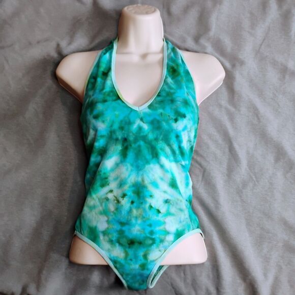 American Apparel Tops - American Apparel Green Tie Dye Bodysuit Small Halter Neck Cotton Blend Festival